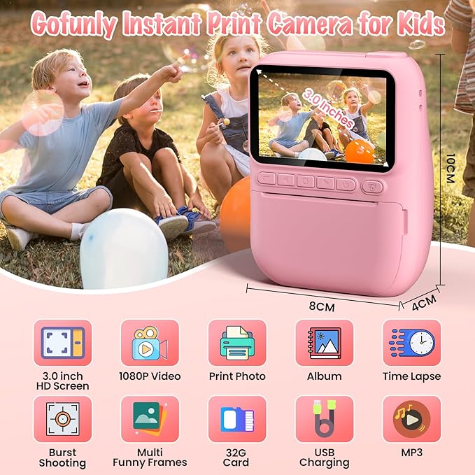 Instant Print Camera for Kids, 3.0" HD 32MP Kids Camera 1080P with 3 Rolls of Printer Paper, Birthday Gifts Toy for 3-12 Year Old Girls Boys with 32GB SD Card-Pink