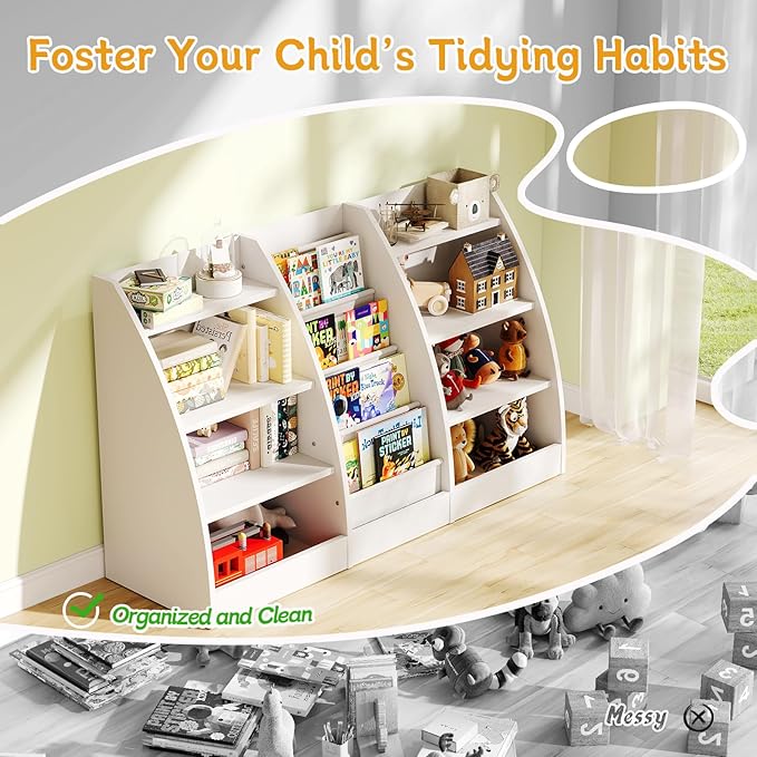 4 Tier Kids Bookshelf, 4 Layer Sling Kids Book Shelf for Kids Rooms, XXL Wood Children Bookcase,Baby Storage Book Rack,Toddler Bookshelf, Book and Toy Organizer,Book Display Shelf for Bedroom, Nursery