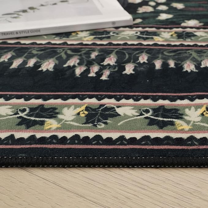 3x5 Washable Rug Impressionist-Style Vintage Non Slip Low Pile Small Carpet for Bedroom Bedside Kitchen Entryway Kids Room Office College Dorm Essentials for Girls, Green