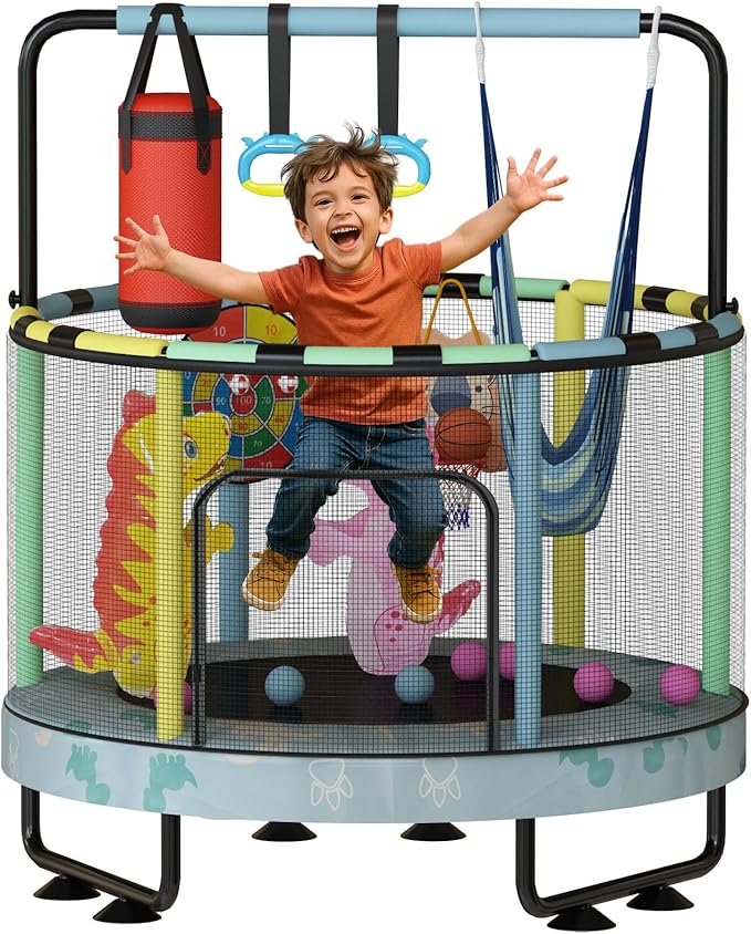LAMERGE 55" 7-in-1 Round Trampoline for Kids Boys & Girls Ages 1-8, Indoor & Outdoor Trampoline for Fun, Adjustable Height Handrail ＆ Enclosed Safety Net ＆ Durable Designs for Toddlers Children