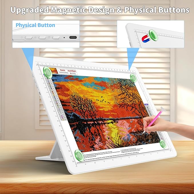TOHETO Rechargeable A4 Light Board with Stand, Super Bright Magnetic Light Pad with Side Buttons, Wireless Light Box for Tracing and Drawing, Cordless LED Light Table for Diamond Painting White