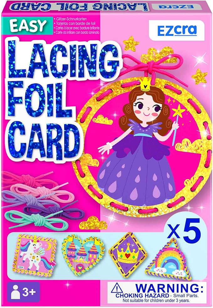 EZCRA Premium Foil Edge Lacing Cards for Kids Ages 3-6 | 5 Double-Sided Princess and Unicorn Sewing Cards with Multilingual Learning | Durable Cardboard Fine Motor Skills Activity Kit