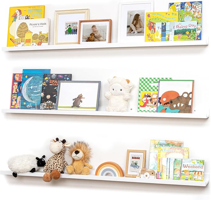 Picture Ledge Shelf for Wall, 56 inches Solid Pine Wood Nursery Book Shelves 3 Packs, Floating Ledge Shelves for Kids' Room Bedroom Bathroom Long Floating Shelves for Wall Nursey Wall Decor, White