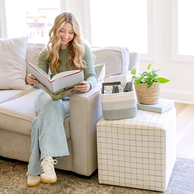 NaturalCozy Storage Cubes 9”x9”x7”Cotton Rope Woven Baskets for Organizing 3-Pack | 9 Inch Cube Storage Bin | Small Basket for Shelf Nursery, Pantry, Decorative Plant, Bathroom Closet, Toy Gift