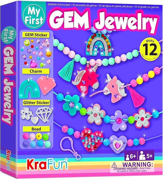 KRAFUN Jewelry Kit Unicorn & Princess Craft Set for Kids 5+ Years, 12 DIY Gem Bracelets & Charms, Unicorn & Princess Theme, Stickers, Instructions, Creative Kit