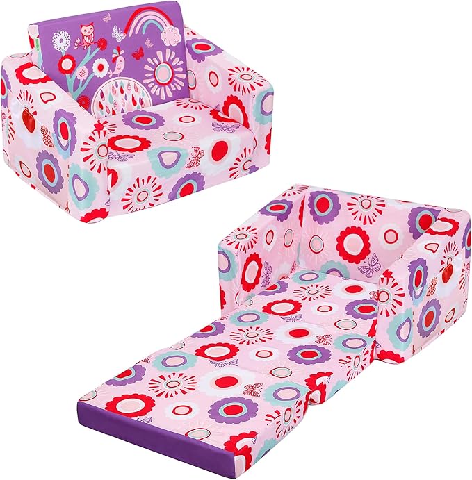 MallBest Kids Sofas Children's Sofa Bed Baby's Upholstered Couch Sleepover Chair Flipout Open Recliner(Pink/Flowers)