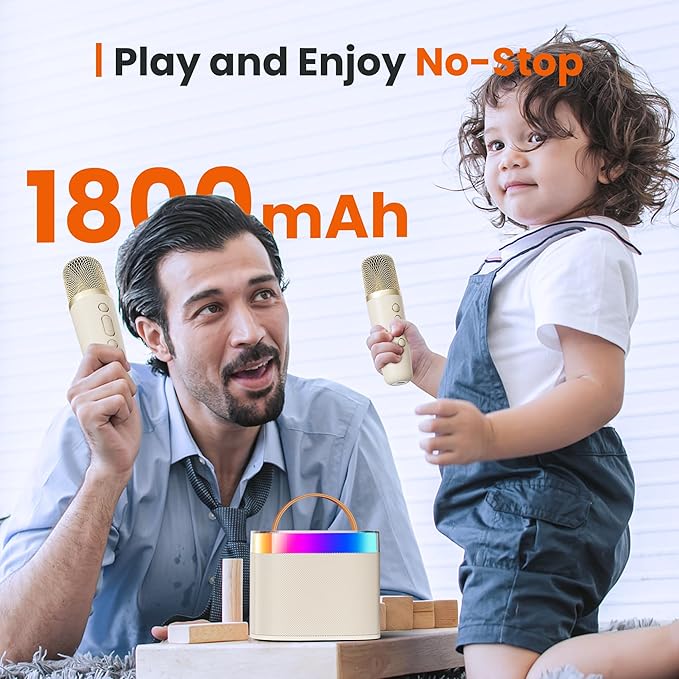 YLL Karaoke Machine for Adults Kids, Portable Bluetooth Karokee Speaker with 2 Wireless Microphones,Singing Karaoke Machine Built-in LED Lights for Birthday Gifts, Family Home Party(Beige)