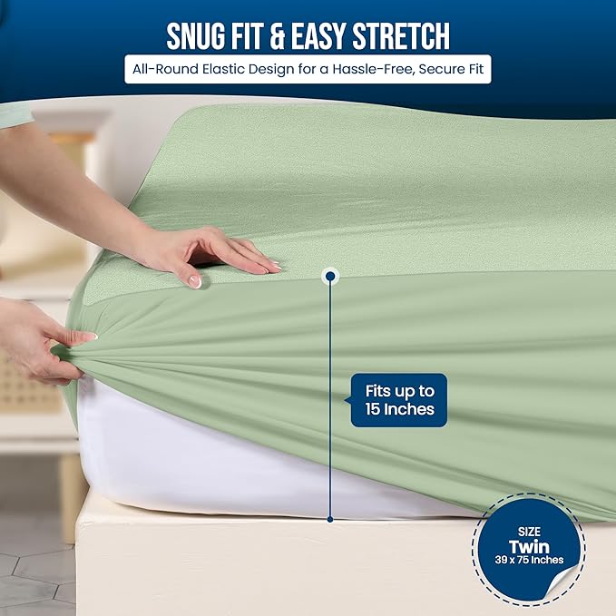 Utopia Bedding Waterproof Mattress Protector Twin Size, Premium Terry Mattress Cover 200 GSM, Breathable, Fitted Style with Stretchable Pockets (Sage)
