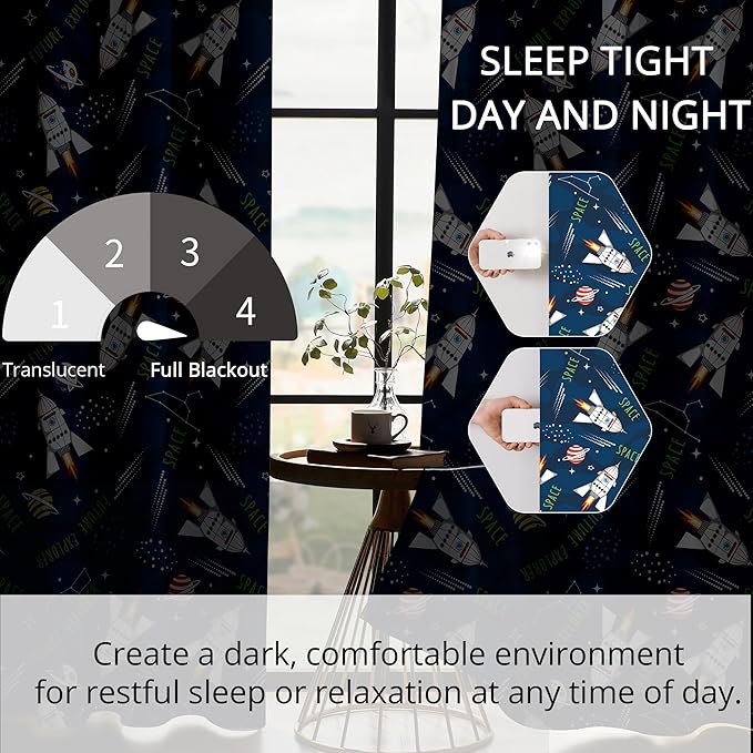 Kids Space Rocket Blackout Curtains - 100% Blackout, Thermal Insulated, Noise Reducing, Perfect for Kids Room and Nursery, 2 Panels (Future Explorer Rockets, W52×L84)