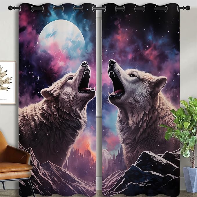Wolf Blackout Curtains for Boys Girl Bedroom Decor,Fantasy Starry Sky Galaxy Forest Wildlife Thermal Insulated Grommet Drapes Darkening Window Curtain for Living Room Home 84x63 inch
