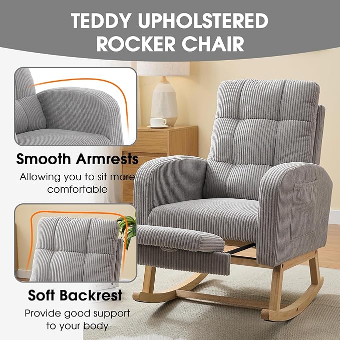 NIOIIKIT Nursery Rocking Chair, Corduroy Upholstered Rocking Chair with Adjustable Footrest, Tufted Rocker Chair with Side Pocket, Glider Rocker for Living Room, Bedroom (Gray Retro)