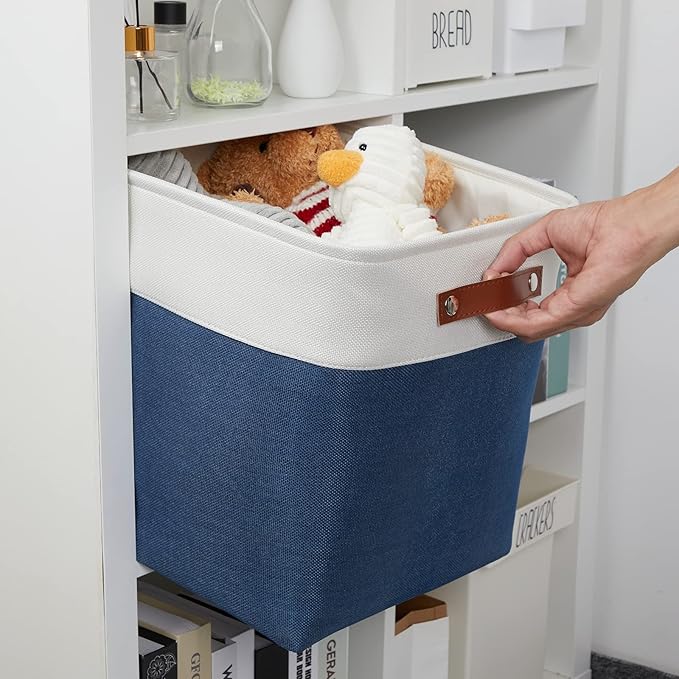 DULLEMELO Storage Baskets for Shelves Closet Storage,Large Home Organization Bins for Gifts Empty,Foldable Fabric Storage Cubes Baskets for Nursery Toy Towels Clothes Storage(White&Blue)