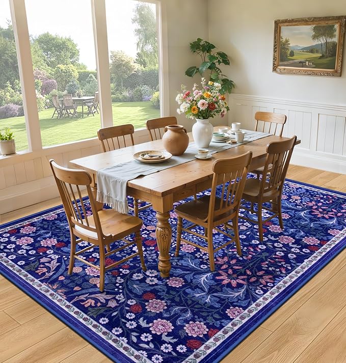 6x9 Area Rugs for Living Room: Floral Washable Rug Vintage Large Soft Boho Non-Slip Carpet Indoor Floor Stain Resistant Thin Carpets for Bedroom Dining Room Farmhouse Nursery Hallway Home Office Blue