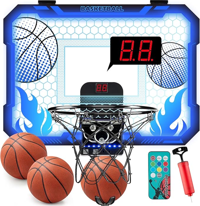 Indoor Basketball Hoop for Kids with Led Lights Mini Basketball Hoop with Remote Control Over The Door Basketball Hoops with Scoreboard Basketball Toys for 4-12 Year Old Boys Girls