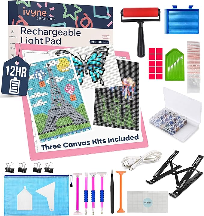 iVyne Rechargeable A4 Light Pad for Diamond Painting & Art Projects – LED Light Board with Diamond Art Accessories – Ultra-Thin & Portable Diamond Dot Light Board, Perfect for Artists - Pink