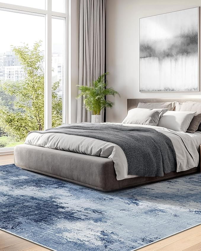 Amada 8x10 Washable Area Rug, Modern Abstract Living Room Rug with Non-Slip Backing & Short Pile, Large Rug with Abstract Pattern for Living Room, Bedroom and Dinning Room, Dark Blue
