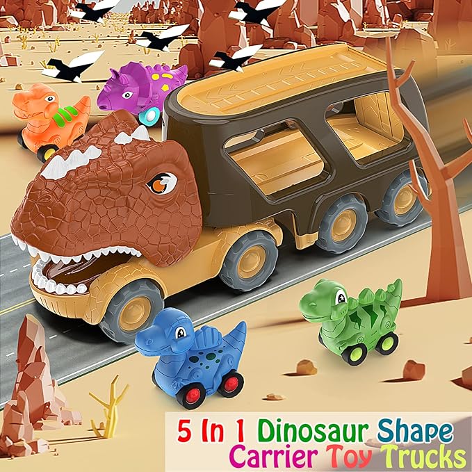 Veslier Dinosaur Car Toy for 2 3 4 5 Years Old Boys, Friction Power Carrier Truck with 4 Pack Small Pull Back Dino Car, Christmas Birthday Gift for 18+ Months Boy Girl Kids Toddlers