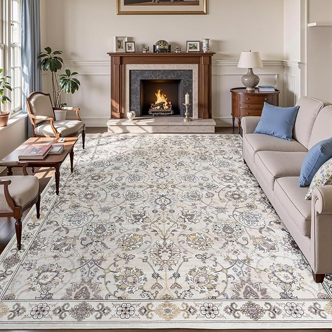 9x12 Neutral Area Rug for Living Room, Washable Large Rugs, Vintage Floral Soft Carpet, Non Slip & Low Pile, Wool Carpets for Indoor Bedroom Dining Home Playroom Office Under Table, Beige