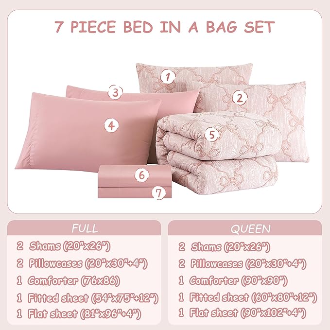 Full Size Comforter Sets with Sheets for Girls-7 Pieces Full Size Bedding Sets with Pink Comforter, Sheets, Pillowcases & Shams for Kids (Pink Diamond, 76" X 86")