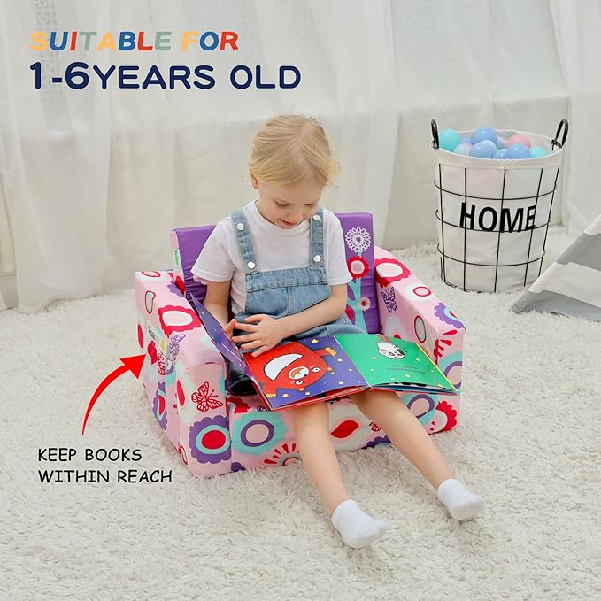 MallBest Kids Sofas Children's Sofa Bed Baby's Upholstered Couch Sleepover Chair Flipout Open Recliner(Pink/Flowers)