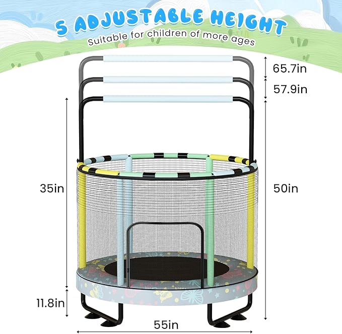 LAMERGE 55" 7-in-1 Round Trampoline for Kids Boys & Girls Ages 1-8, Indoor & Outdoor Trampoline for Fun, Adjustable Height Handrail ＆ Enclosed Safety Net ＆ Durable Designs for Toddlers Children