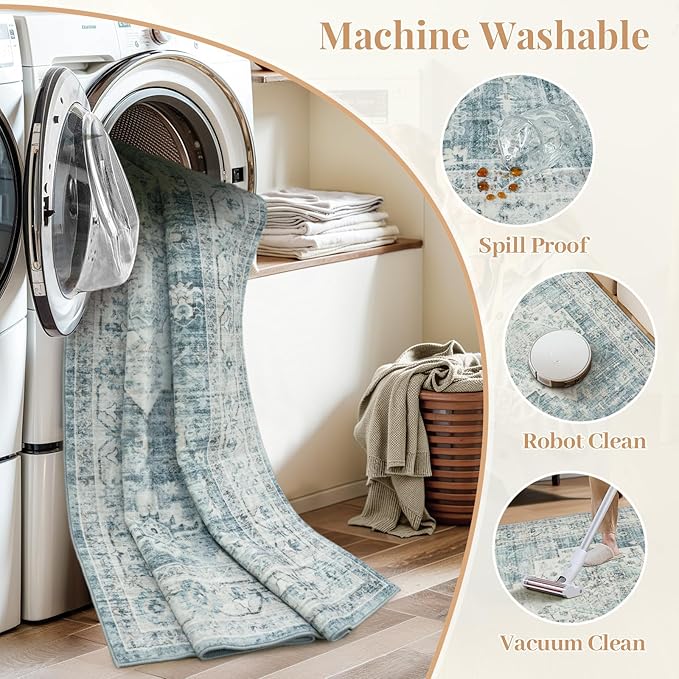 LIVEBOX Bedroom 4x6 Washable Area Rug for Entryway Kitchen, Non-Slip Soft Boho Rugs for Dining Room Office, Farmhouse Low-Pile Neutral Soft Carpet for Nursery Room Playroom, Blue