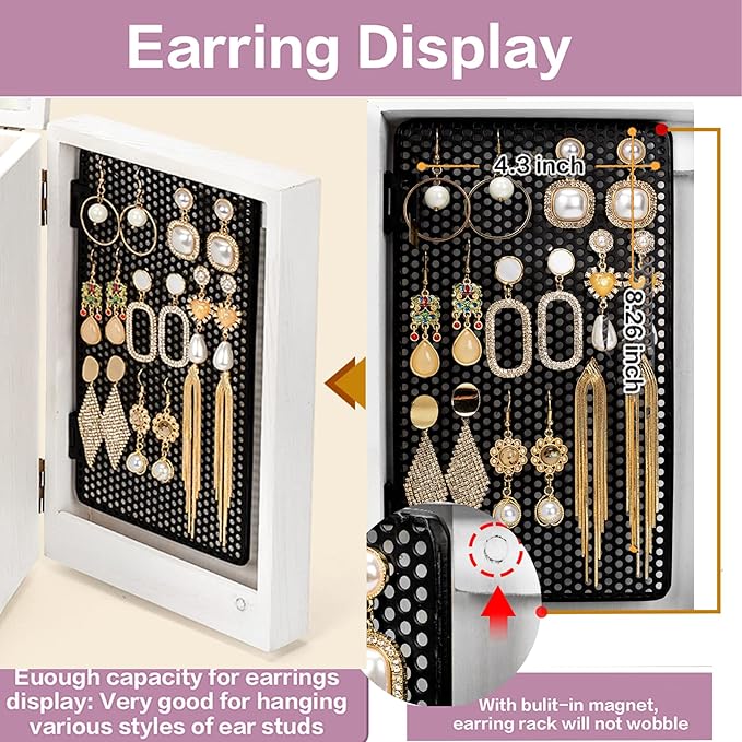 Meangood Jewelry Box Wood for Wowen, 5-Layer Large Organizer Box with Mirror & 4 Drawers for Rings, Earrings, Necklaces, White