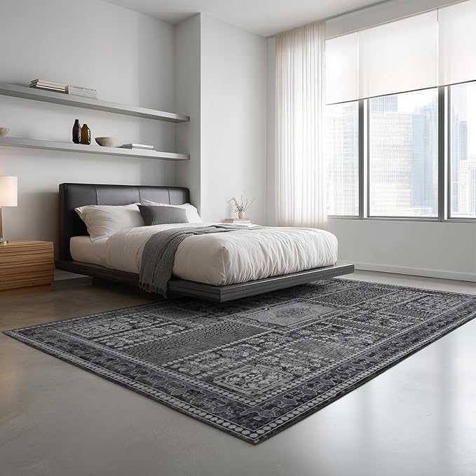 Washable 6x9 Area Rug for Living Room, Carpet for Bedroom Dining Room, Non Slip&Non-Shedding Resistant Low Pile Vintage Print Rug for Home Office (Grey)