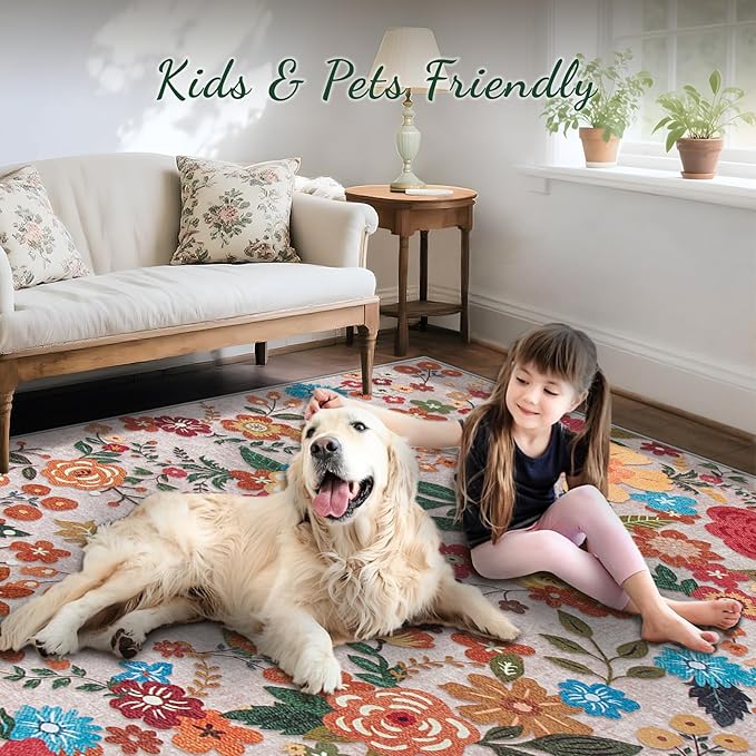 Area Rug Living Room Rugs: 6x9 Washable Rug Vintage Floral Soft Boho Non Slip Carpet Indoor Floor Non Shedding Low Pile Thin Carpets for Bedroom Dining Room Farmhouse Nursery Home Office Beige