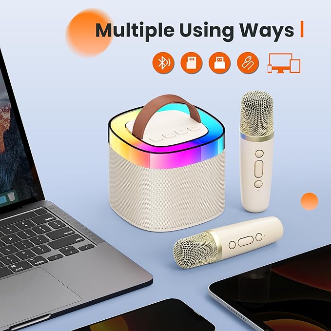 YLL Karaoke Machine for Adults Kids, Portable Bluetooth Karokee Speaker with 2 Wireless Microphones,Singing Karaoke Machine Built-in LED Lights for Birthday Gifts, Family Home Party(Beige)