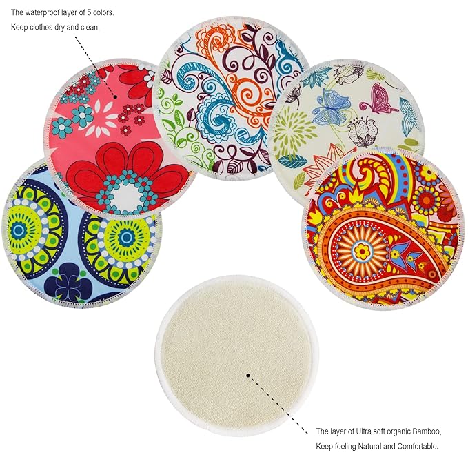 PINOWU Nursing Pads -10 Washable Pads + Wet Bag + Wash Bag, Breastfeeding Nipple Pads (Large 4.7")