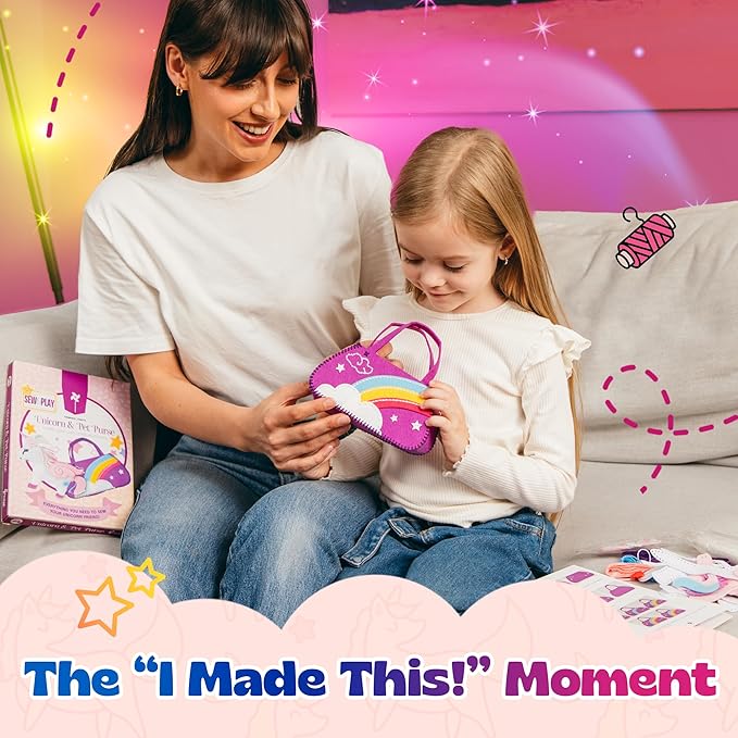 Pinwheel Crafts Beginner Sewing Kit for Kids Ages 5 6 7 8-12+ - Make Your Own Unicorn Purse Kids Sewing Kit - Play & Learn to Sew Craft Box, Girls & Boys Birthday Gifts