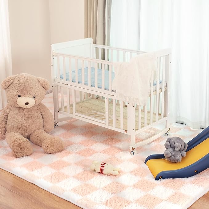 Super Soft Rug for Bedroom, Pink and White Area Rug Classic Checkered Shaggy Anti-Skid High Pile Soft Fluffy Rug Fuzzy Carpet for Living Room Bedroom Kids Room Nursery, Dorm Home Decor