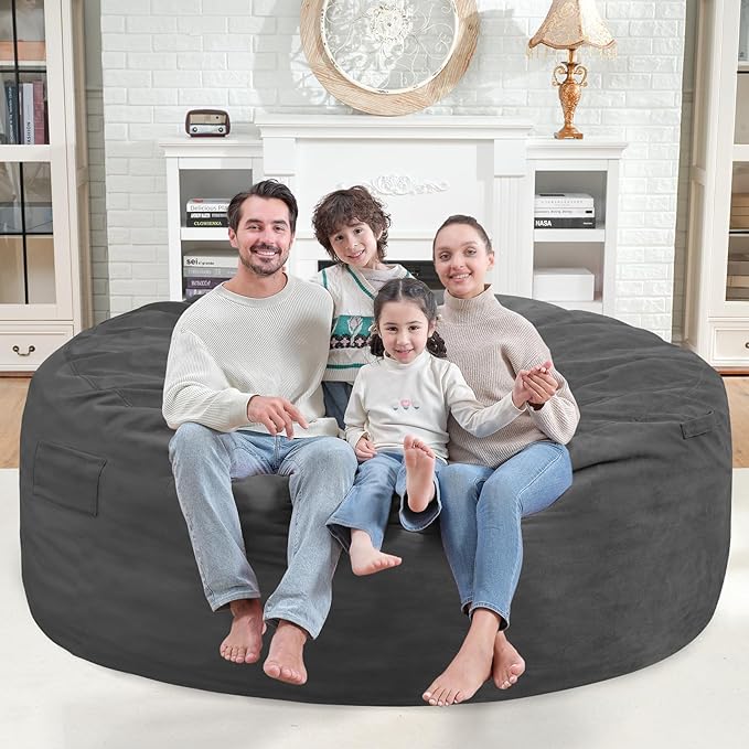 6FT Bean Bag Chair, Large Bean Bag Chairs with Memory Foam Filled, Fluffy Beanbag Sofa with Dutch Velvet Cover, Round BeanBag Chairs for Living Room, Playroom - Grey