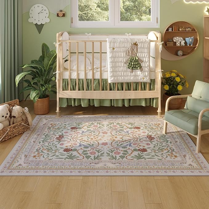 Bedroom Rug 3x5 Rug Washable Area Rug Non Slip Low Pile Vintage Floral Botanical Small Carpet for Bedroom, Bedside, Kitchen, Entryway, Kids Room, Office, Beige