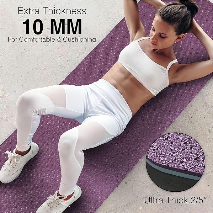 Extra Thick Exercise Yoga Mat with Strap - 2/5 Inch (10MM), Non-Slip Workout Mat for Yoga, Pilates, and Floor Exercises