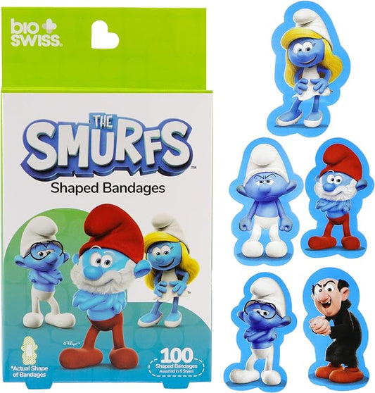 BioSwiss Bandages, The Smurfs Shaped Self Adhesive Bandage, Latex Free Sterile Wound Care, Fun First Aid Kit Supplies for Kids and Adults, 100 Count Box