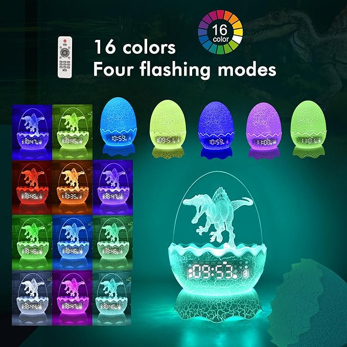 Spinosaurus Alarm Clock/Decorative Lamp/Night Light/Bluetooth Speaker/White Noise Lullaby Machine 4 in1, Remote Control 16 Colors Volume, Creative Gifts for Boys/Girls/Adult