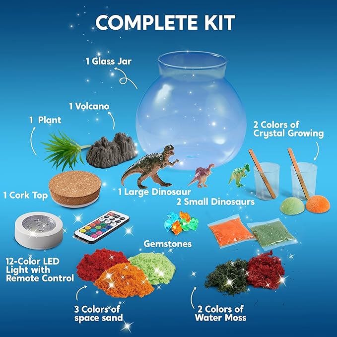Klever Kits Make Your Own Dinosaur Crystal Terrarium Crafts Kit for Kids-Crystal Growing Science 12 Color LED Night Light Birthday Gifts Toys for Kids