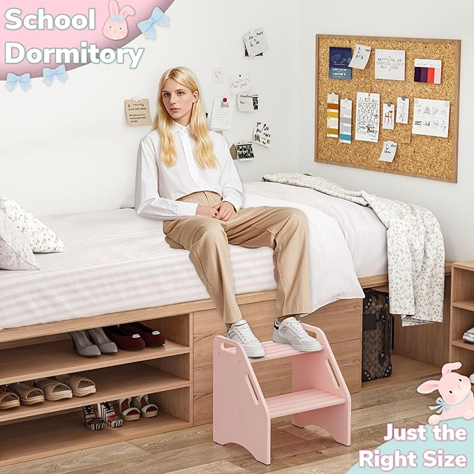 AMBIRD Wooden Kids Step Stool, 15.75'' H Potty Training Toddler 300 lbs Capacity with Safety Non-Slip Pads and Handles, Kitchen Step Stools for Kids, Bamboo Step Stool for Bathroom, High Beds (Pink)