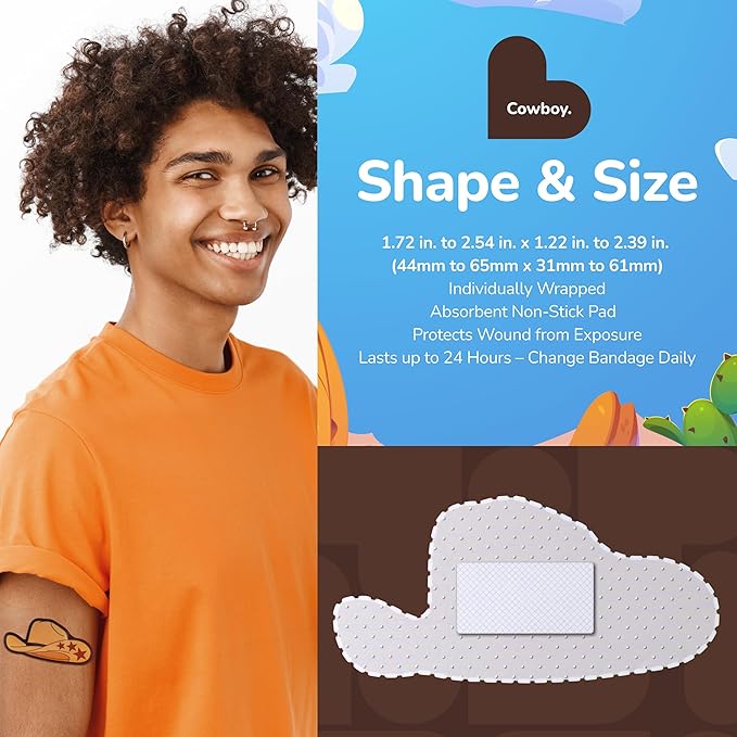 BioSwiss Bandages, Cowboy Shaped Self Adhesive Bandage, Latex Free Wound Care, Fun First Aid Kit Supplies for Kids and Adults, 24 Count