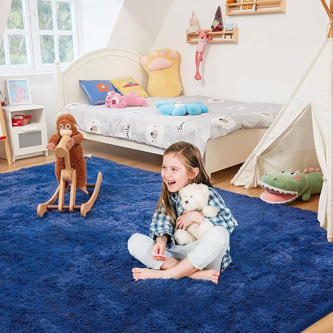 Ultra Soft Rug for Living Room, 8X10 Fluffy Shag Area Rug for Bedroom, Modern Shaggy Carpets Fuzzy Rug for Teens Dorm Nursery Home Decor Aesthetic, Upgrade Anti-Skid Durable, Blue