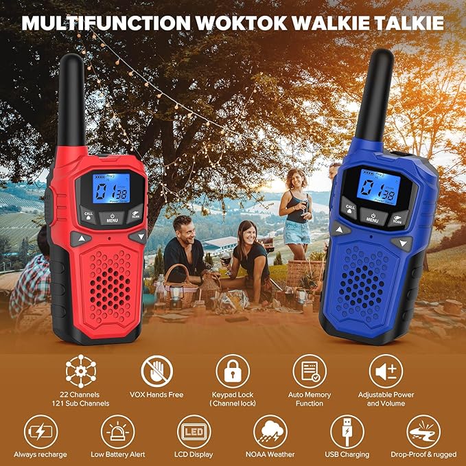 Walkie Talkies for Adults- WokTok Long Range 2 Way Radio, 3000MAH Rechargeable AA Batteries for Held Hiking Accessories Camping Gear Xmas Birthday, 2-in-1 Charging Cable,NOAA Weather Alert,4 Radios