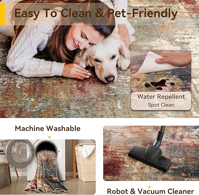 Washable Area Rugs 5'x7' Non-Slip Modern Abstract Soft for Living Room Entryway Bedroom Nursery, Print Pattern, Brown Rust Red Multi