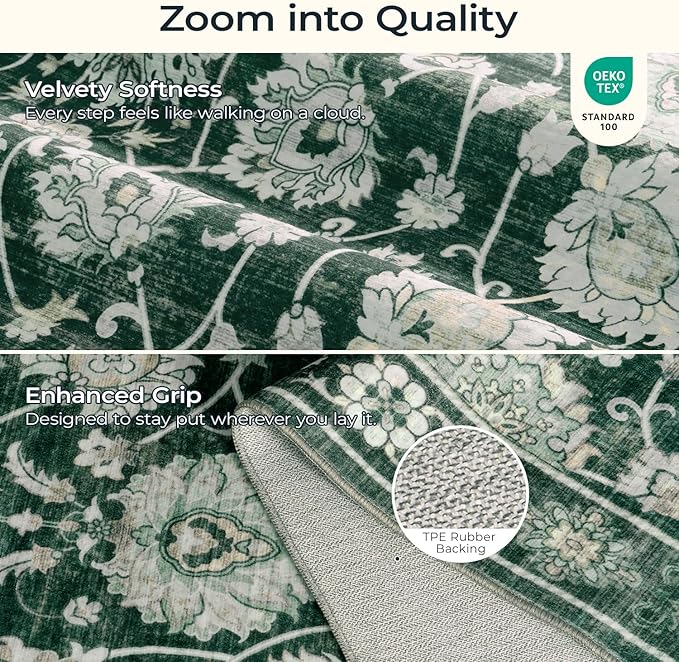 Floral Washable Area Rugs 5x7, Vintage Rug for Living Room, Large Bedroom Carpet, Non Slip Low Pile Ultra Soft Carpets for Indoor Dining Home Nursery Playroom Under Table, Dark Green