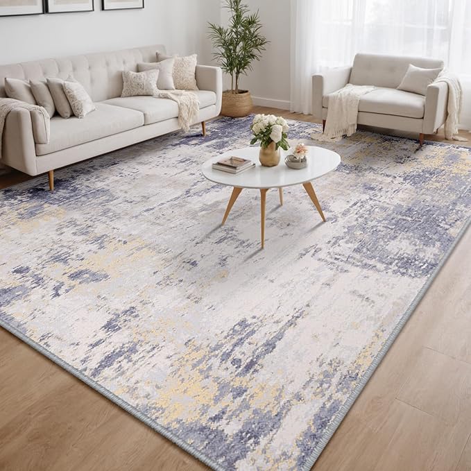Washable Area Rugs 5'x7' Non-Slip Modern Abstract Soft for Living Room Entryway Bedroom Nursery, Print Pattern, Purple Grey Cream Yellow