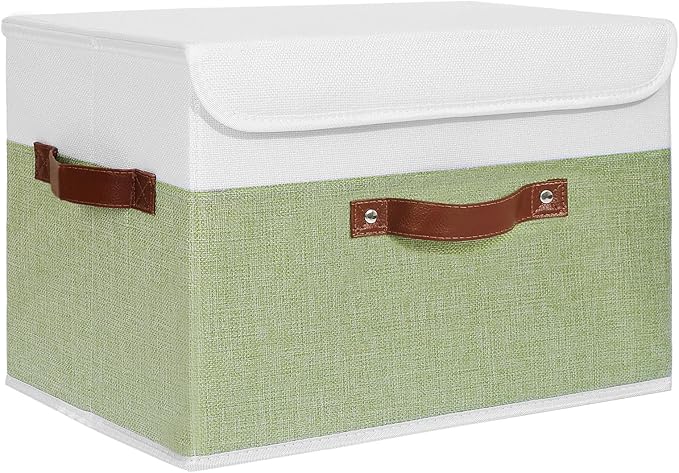 ANMINY Storage Boxes with Lids Washable Decorative Storage Bins Basket with PU Leather Handle Foldable Linen Fabric Storage Cubes Containers for Home Closet Organizer - Green White, Large Size