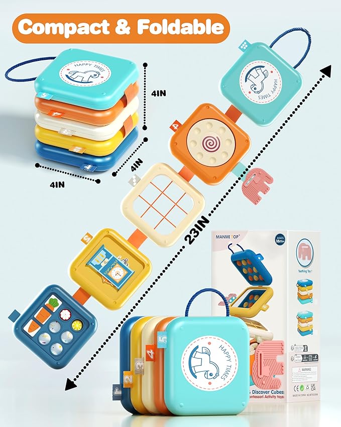 Busy Board for 1 Year Old, Travel Toys for Toddlers 1-3, 8 in 1 Montessori Activity Cube Toy for Babies in Airplane Car Stroller, Sensory Education Birthday Gifts for 1 2 Year Old Boy Girl Infant