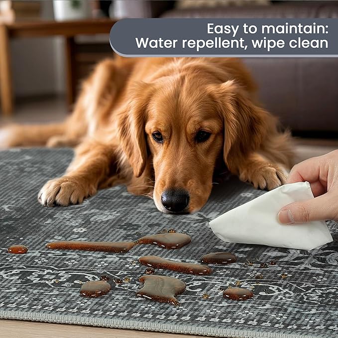 Large 8x10 Washable Area Rug for Living Room, No Shedding Vintage Floral Rugs Non Slip, Indoor Thin Retro Accent Carpet for High Traffic Areas Bedroom Farmhouse Dining Room Black/Gray