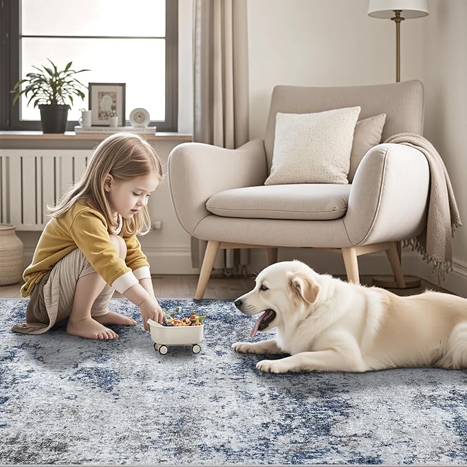 Washable Rug 6x9 Area Rugs: Abstract Washable Rugs with Non-Slip Backing, Stain Resistant Indoor Floor Carpet for Bedroom Dining Room Table Nursery Hallway Home Office Blue/Gray/Black